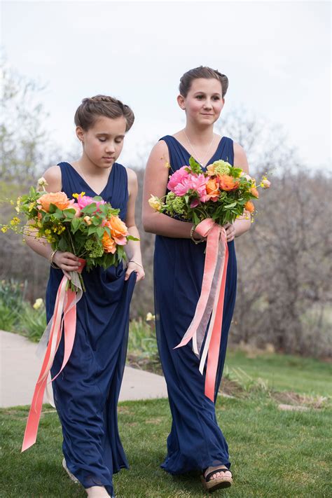 Navy Junior Bridesmaid Dresses With Bold Bouquets