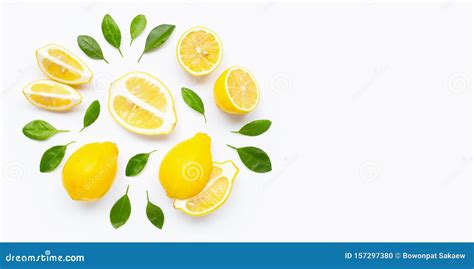 Fresh Lemon And Slices With Leaves Isolated On White Stock Photo