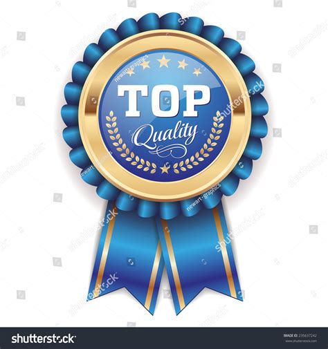 Gold Top Quality Badge With Blue Ribbon On White Background Stock