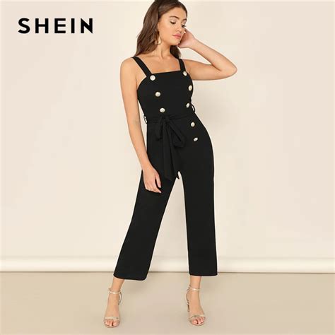 Shein Black Waist Belted Double Breasted Pinafore Jumpsuit Women Elegant 2019 Summer Plain