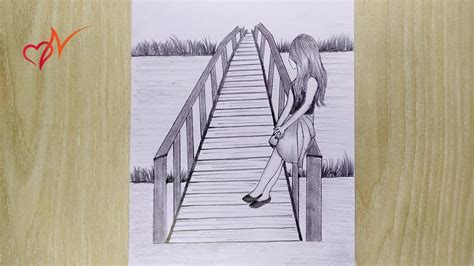 Sad Girl Sitting Alone On A Bridge Pencil Sketch Scenery Drawing For