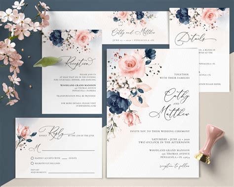 Blush Navy Gold Wedding Invitation Template Set Pink Flowers D E