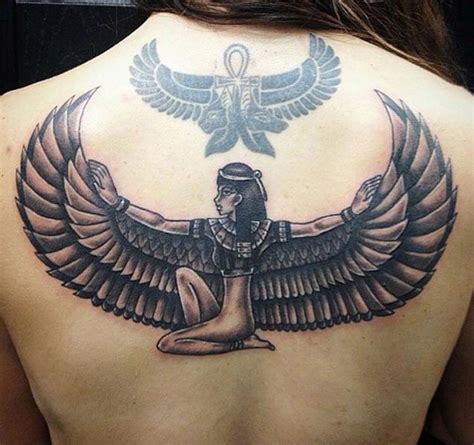 Egyptian Goddess Maat With Outstretched Wings Winged Ankh Symbol Tattoo On Back Tattooimages