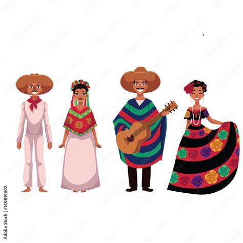 set of mexican people men and women in traditional national costumes cartoon vector