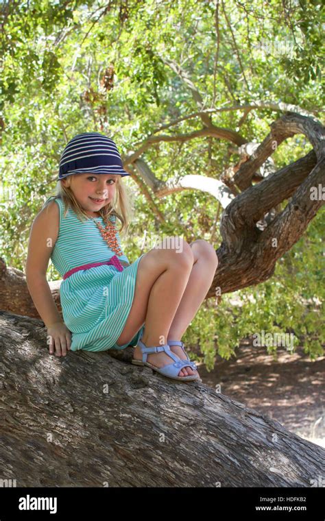 Adorable School Age Girl Sitting On Tree In Park In Summertime Stock