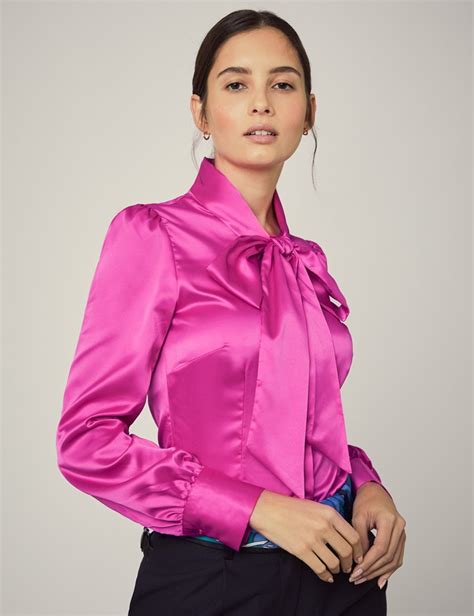 women s hot pink satin fitted shirt single cuff pussy bow hawes and curtis
