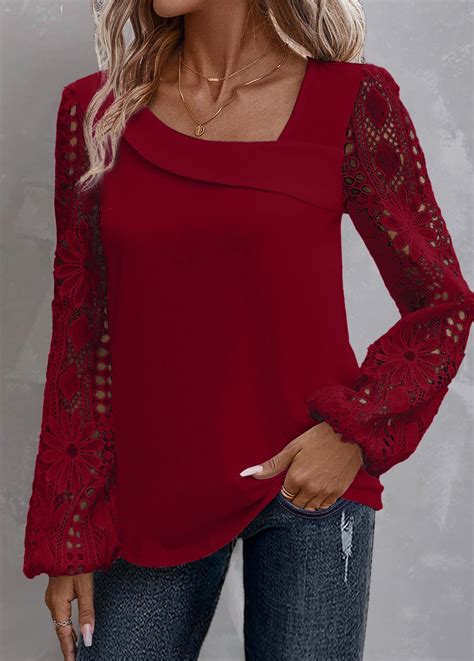 Wine Red Lace Long Sleeve Asymmetrical Neck Blouse Usd