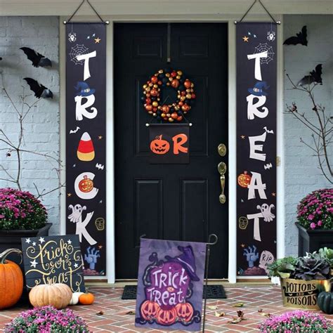 Trick Or Treat Front Door Display And Double Sided Scary Flag For