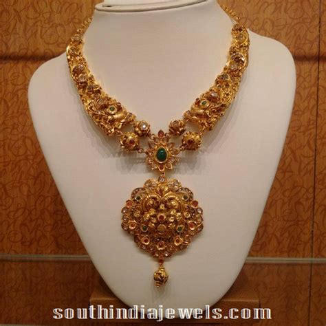 Gold Antique Necklace With Diamond Polki Stones South India Jewels