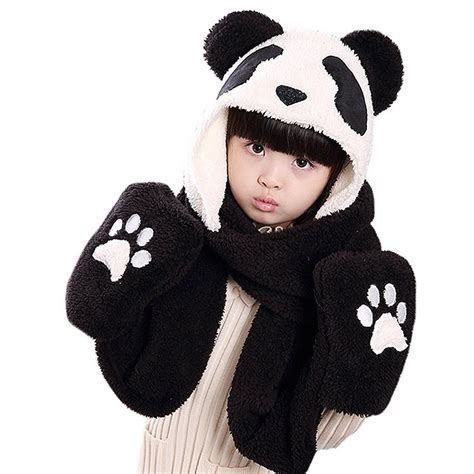 3 In 1 Panda Plush Animal Hat With Long Paw Scarf Mitten Combo