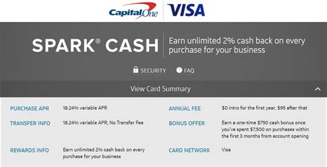 Compare cards with accelerated cash back on everyday categories or unlimited cash back on everything you buy while paying no foreign transaction fees. Capital One Spark Cash Visa Card for Business $750 Bonus + 2% Cash Back On All Purchases + No ...