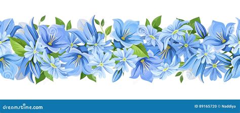 Horizontal Seamless Border With Blue Flowers Vector Illustration