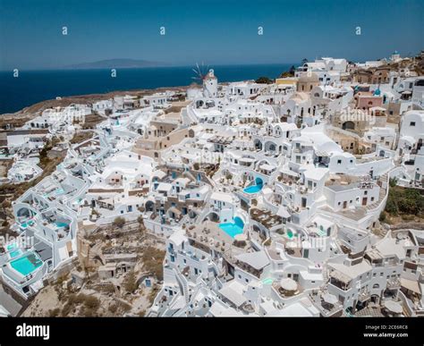 Drone View Over Santorini Aerial View Over The Whitewashed Village Of