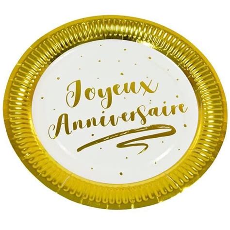 Assiette joyeux anniversaire blanche et dorée 18cm x6 REF JET002