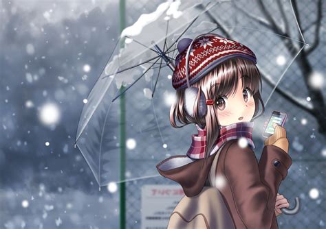 Wallpaper Winter Smartphone Umbrella Anime Girl Scarf Snow