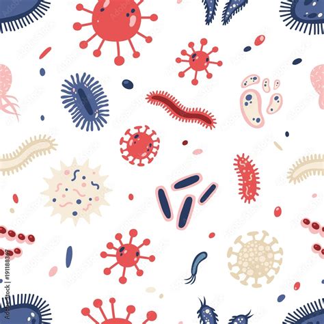 Seamless Pattern With Various Microorganisms On White Background