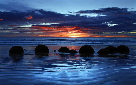 Moeraki Boulders Koekohe Beach Otago New Zealand Sunset Clouds