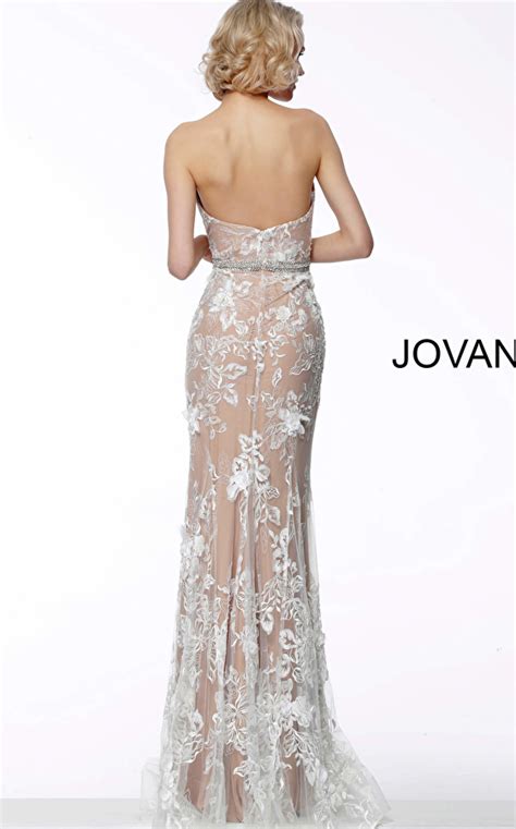 Jovani Ivory Nude Floral Embroidered Strapless Gown