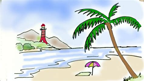 How To Draw A Beach Scene In Easy Steps For Children Beginners Youtube