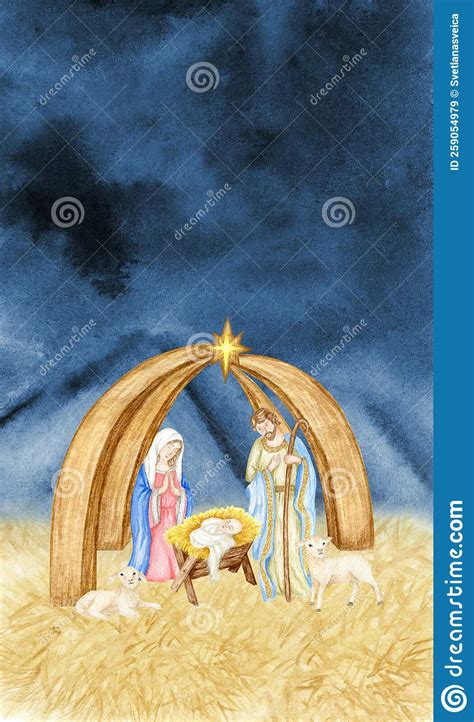 Watercolor Christmas Nativity Greeting Card Nativity Scene With The