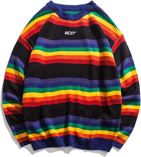 Rainbow Striped Knitted Pullover Sweaters Men Hip Hop Patchwork