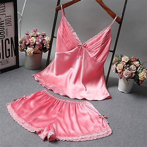 2pcsset Imitation Silk Lace Bow Pajamas Women Casual Sexy Deep V Neck Nightgown Summer Home