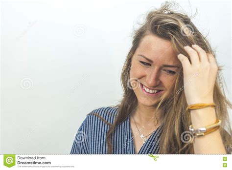 Close Up Portrait Of Smiling Beautiful Woman With Hair Motion Sh Stock