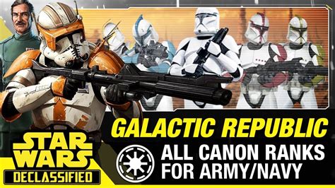 The military rank was the established order of commanding responsibility between the officers of a military force. Galactic Republic: Clone Military Ranks (Canon) | Star Wars Declassified - YouTube