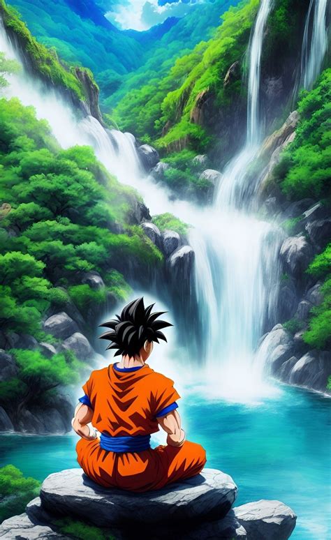Goku In A Serene Pose Meditating On A Rocky Outcropping Next To A