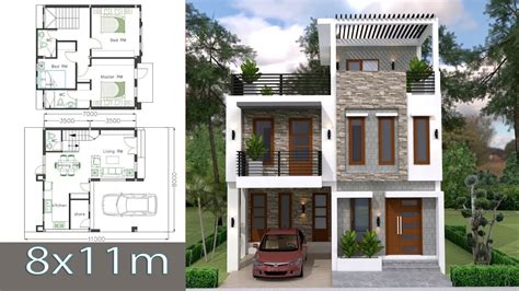 Home Design Plan 8x11m With 3 Bedrooms Sketchup Modern