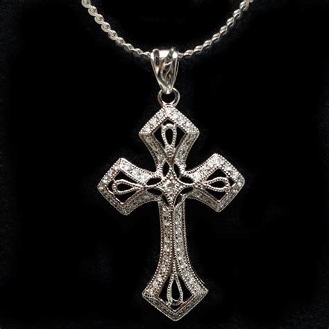 Vintage Style Diamond Cross Pendant Necklace 14k White Gold