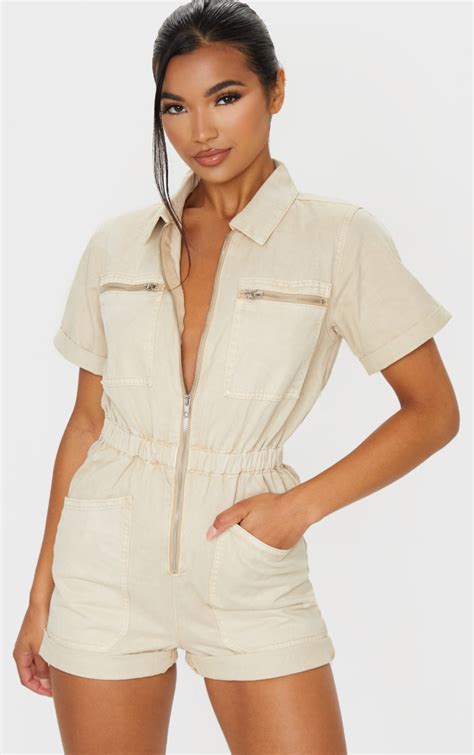 Stone Zip Front Denim Romper Denim Prettylittlething