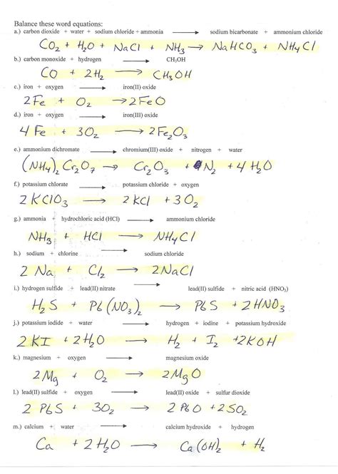 balancing equations practice worksheet answers