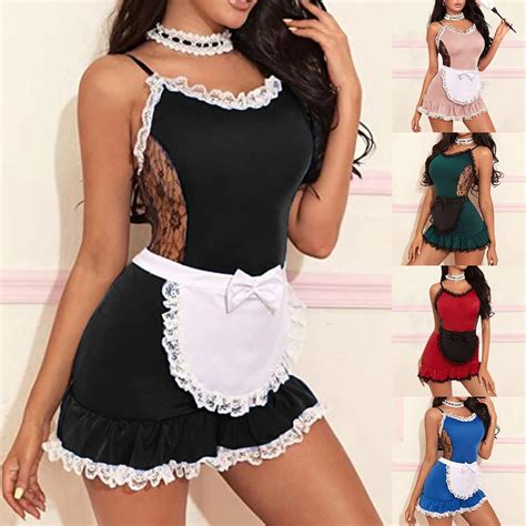 Erotic Maid Costume Women Tempting Lace Hollow Out Sexy Lingerie Set Frisky French Maid Dress