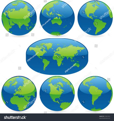 Vector Editable Colored World Map Globes เวกเตอร์สต็อก ปลอดค่า