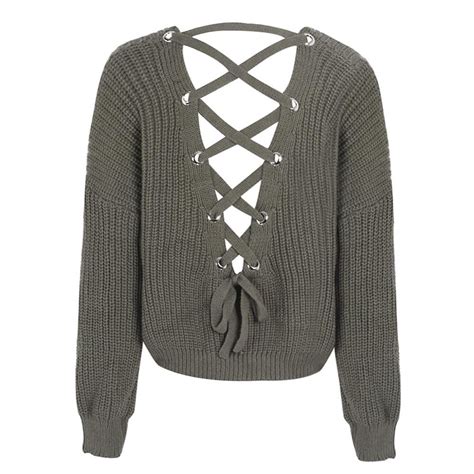 Product Details Pull Over Sweater Lace Up Back Knitted Acrylic