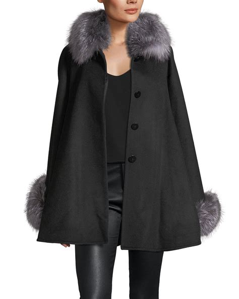Sofia Cashmere Fur Collar Wool Cashmere Cape In Black Indigo Black