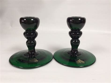 pair viking glass emerald green candle holders