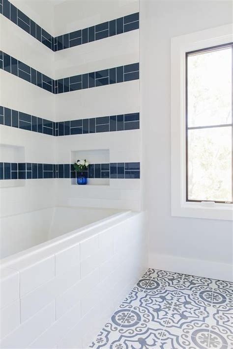 Love but hard to clean. Glossy blue tiles are striped across white subway surround ...