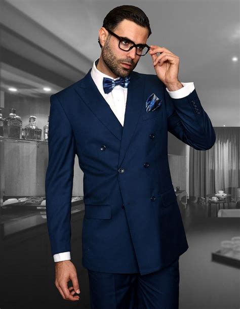 Mens Classic Wool Double Breasted Suit In Sapphire Blue Fitted Suit