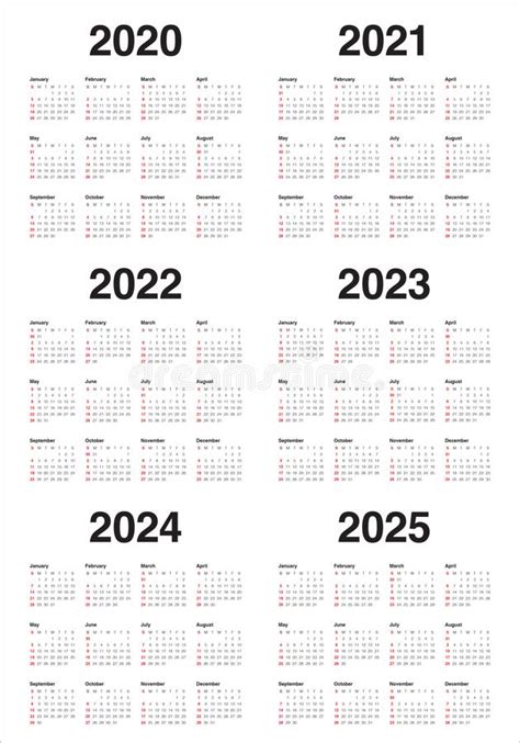 Jahr 2020 2021 2022 2023 2024 2025 Kalendervordruck Vektor Abbildung