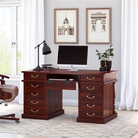 Rustic Solid Wood Home Office Executive Computer Desk With 11 Drawers