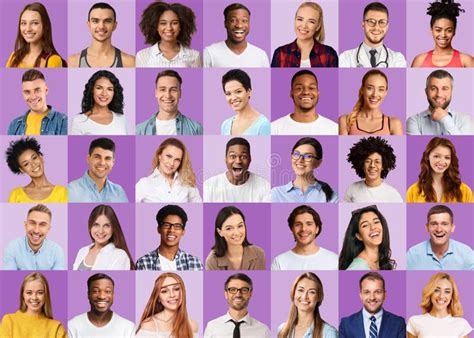 Collage Of Diverse Multicultural People Portraits Over Purple Toned