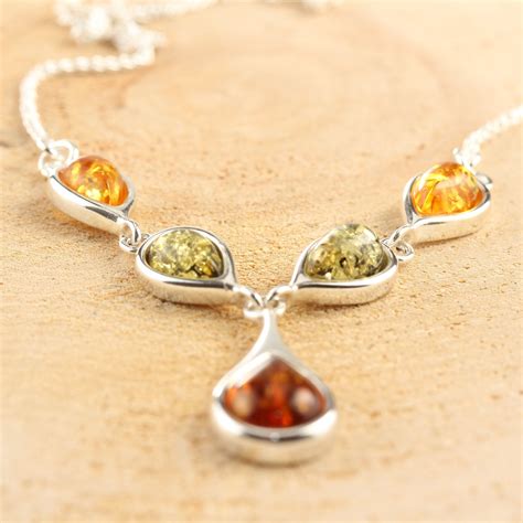 Multicoloured Baltic Amber Droplet Necklace Silver Necklace Set