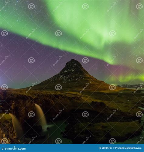 Northern Lights Over Kirkjufell Mountain In Iceland Stock Image Image