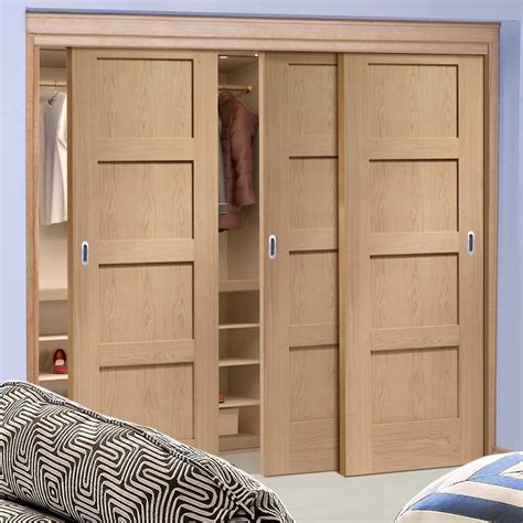 Three Sliding Wardrobe Doors And Frame Kit Shaker Oak 4 Panel Solid Do