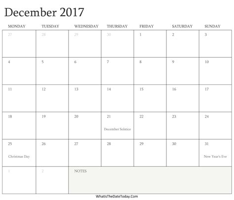 Editable Calendar December 2017 With Holidays Whatisthedatetodaycom