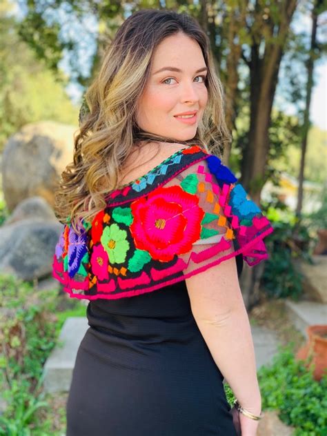 Dress Off The Shoulder Mexican Hand Embroidered Flowers Etsy