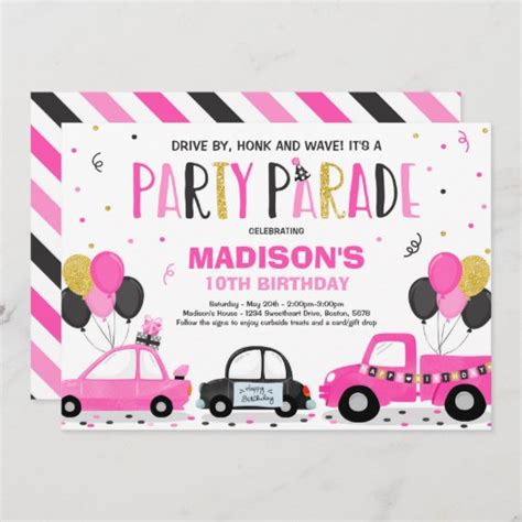 Drive By Birthday Parade Invitation Pink Parade