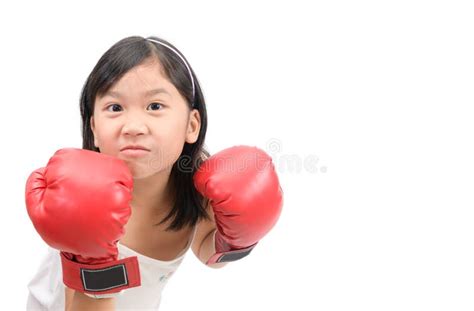 Smile Girl Fighting With Red Boxing Gloves Isolated Stock Photo Image